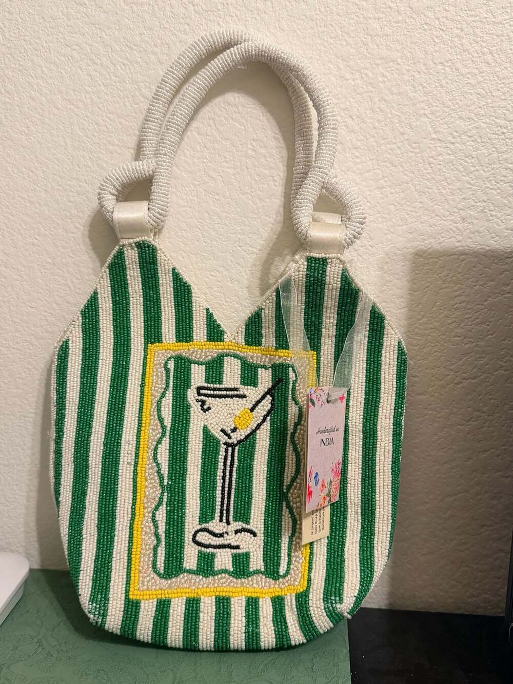 Handcrafted Green and White Striped Martini Glass Beaded Handbag